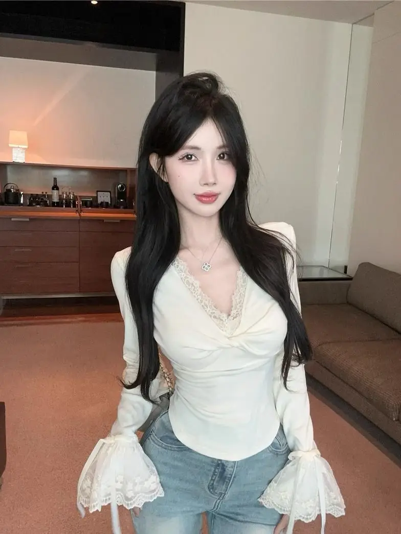 Langarm-T-Shirts für Damen, Frühling, Sommer, sonnenbeständig, schlankmachend, Academia-Stil, Patchwork, O-Kragen, feminin, plissiert, solide