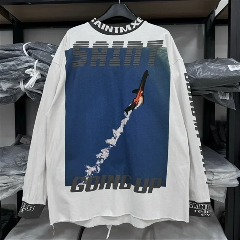 24ss Aircraft Illustration Printing Saint Michael Oversized Hoodies Men Women 1:1 Washed White Pure Cotton Long Sleeved T-shirt