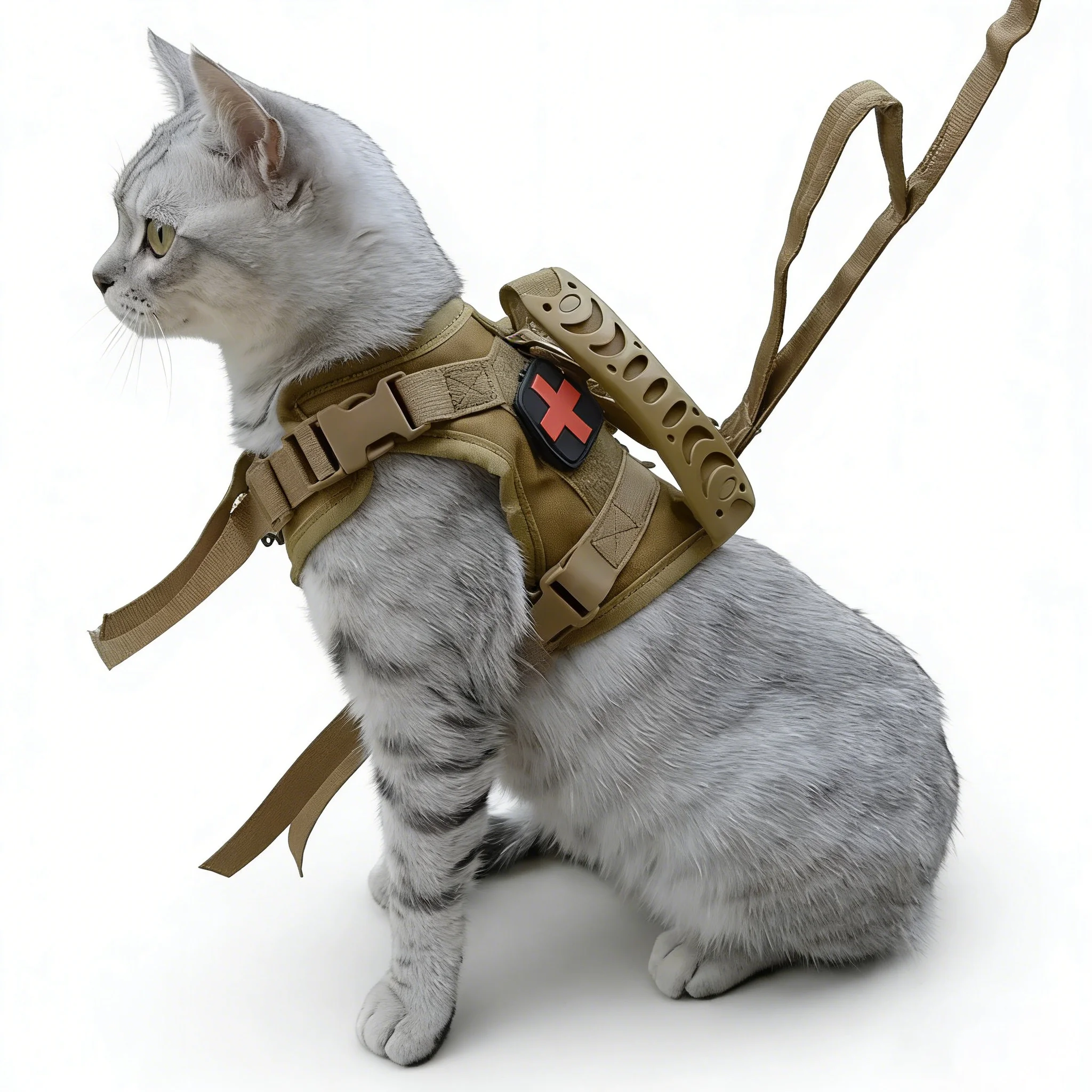 

Тактический жилет-шлейка цвета хаки для кошек с поводком, регулируемый, с защитой от разрывов, для прогулок, для кошек и маленьких собак