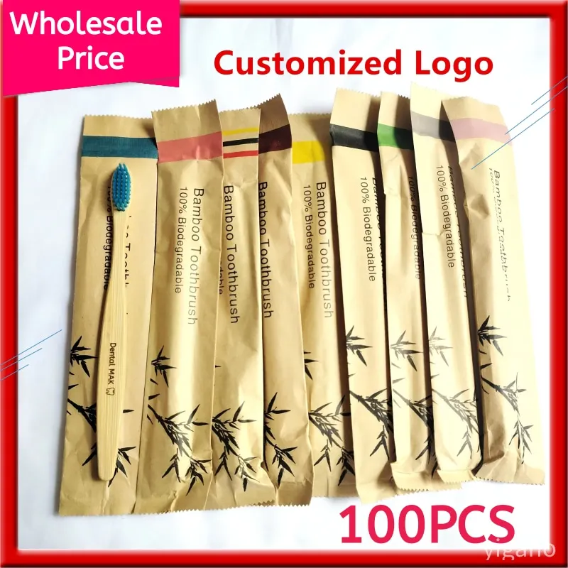 100 Pack Customized Logo Bamboo Wooden Handle Toothbrush with pbt bristles