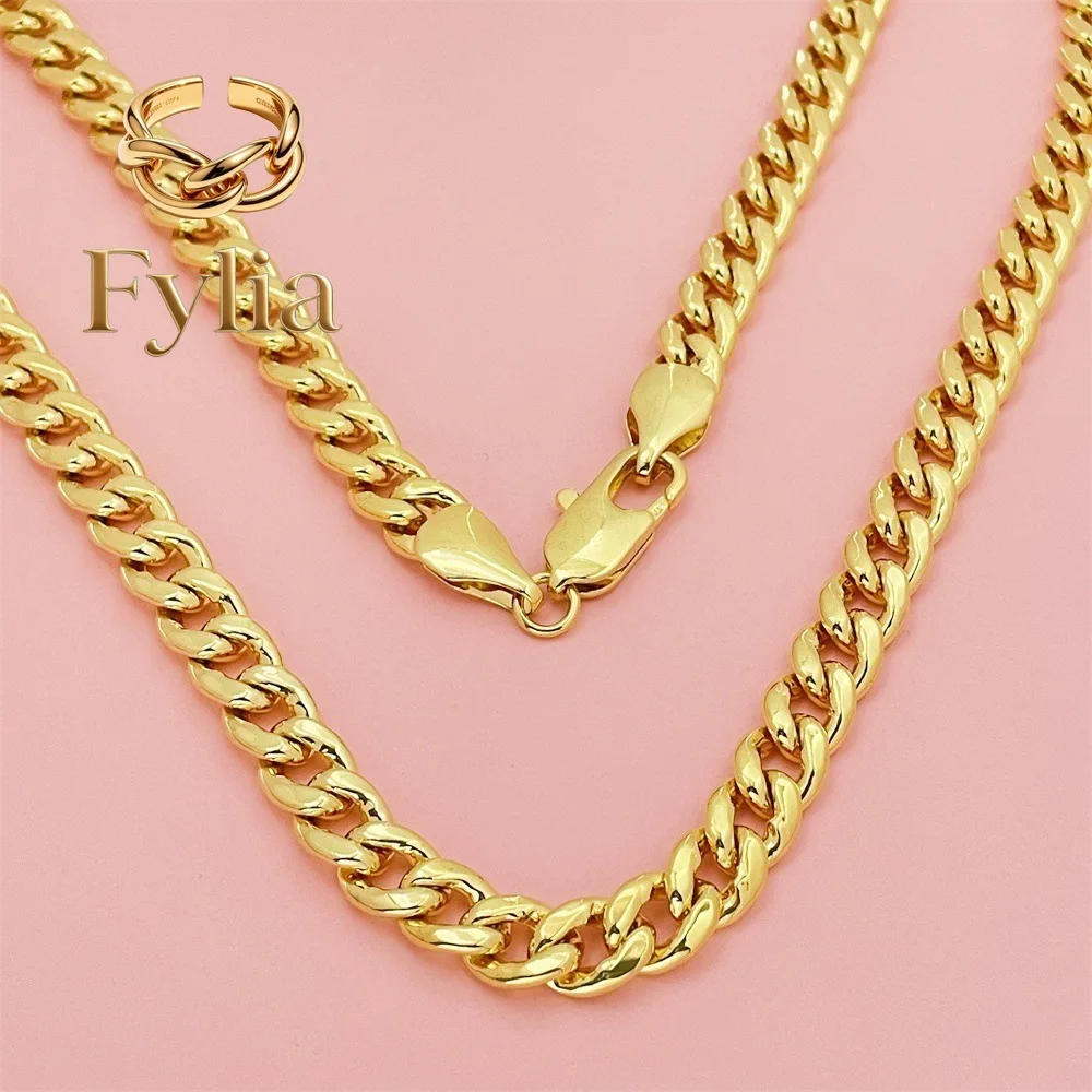 Fylia Jewelry   Luxury 24K 9999 Pure Gold real gold Men's wide 10MM length 75CM sideways Cuban necklace