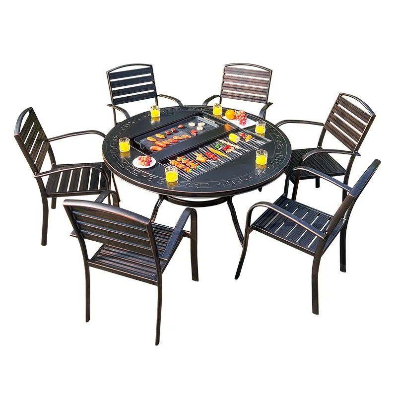 

Outdoor barbecue tables and chairs, yard household cast aluminum dual-purpose smokeless barbecue grill