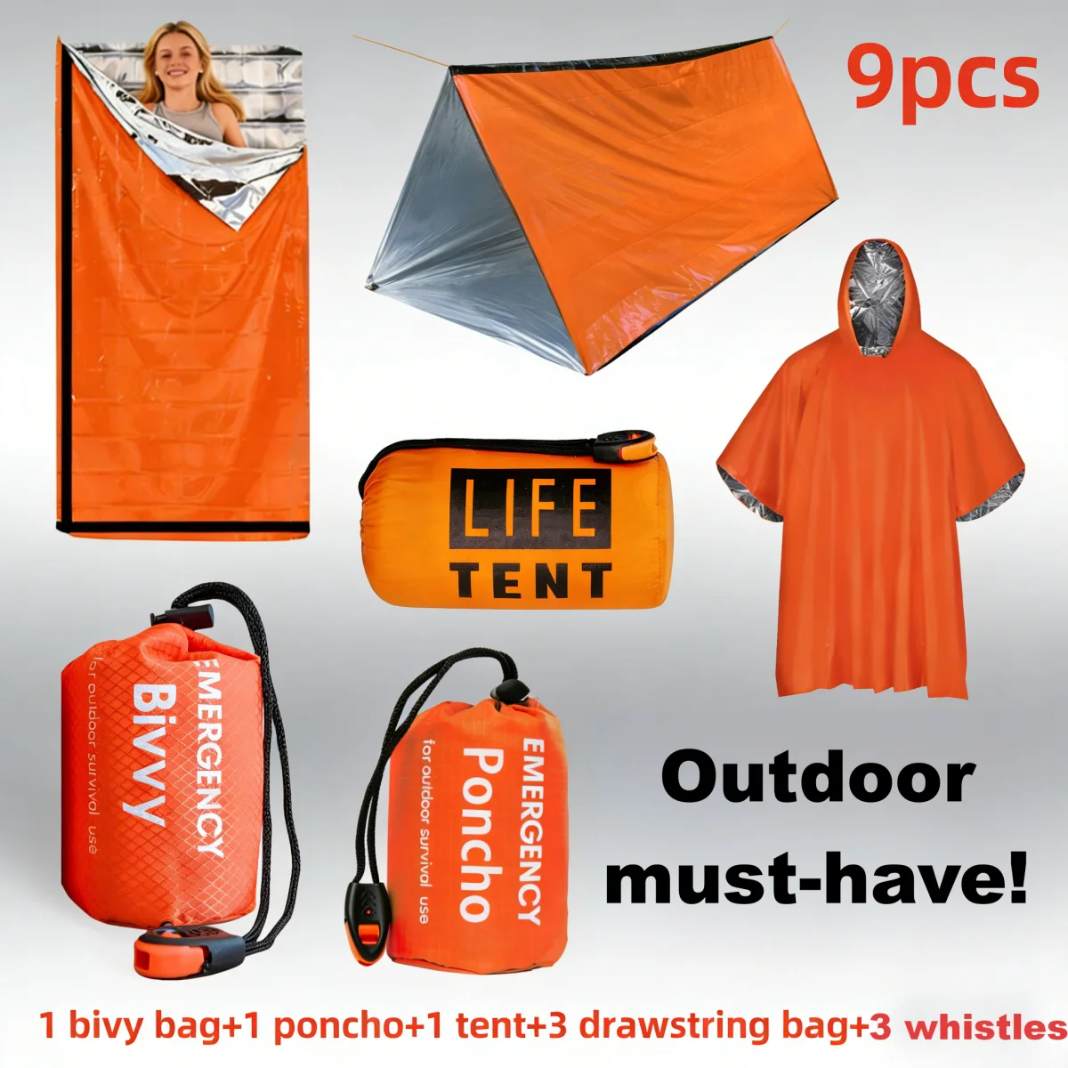 9Pcs All-Weather Emergency Kit, Bivvy Bag, Poncho, Tent, Survival Whistles