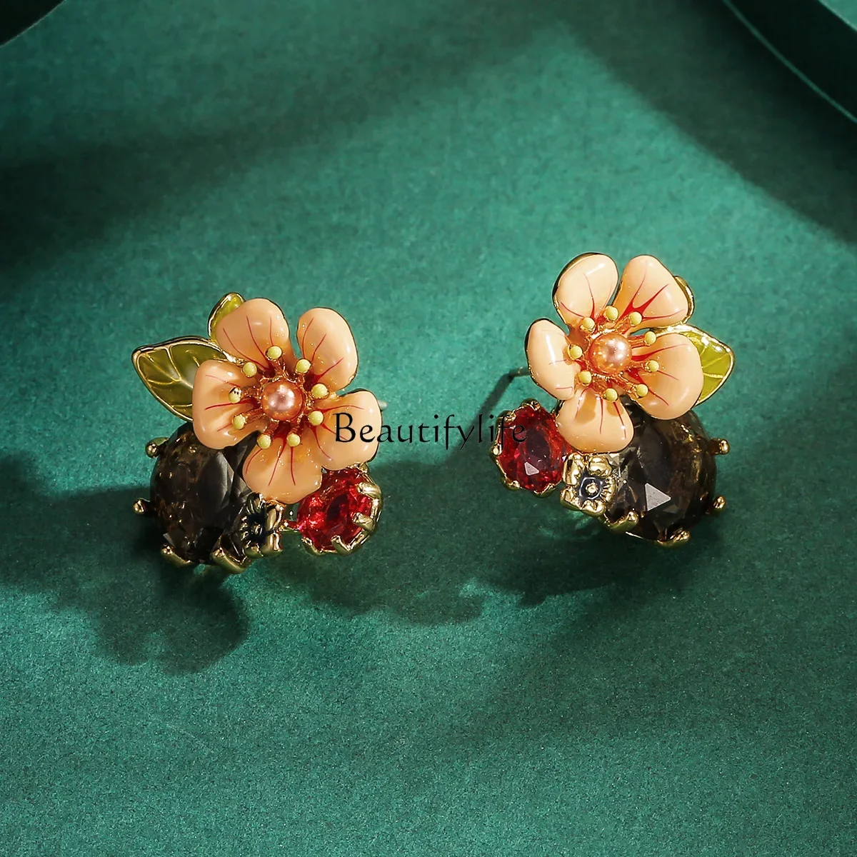 Premium temperament enamel color glaze pearl pink flower crystal sparkling diamond stud earrings fashionable versatile ear clips