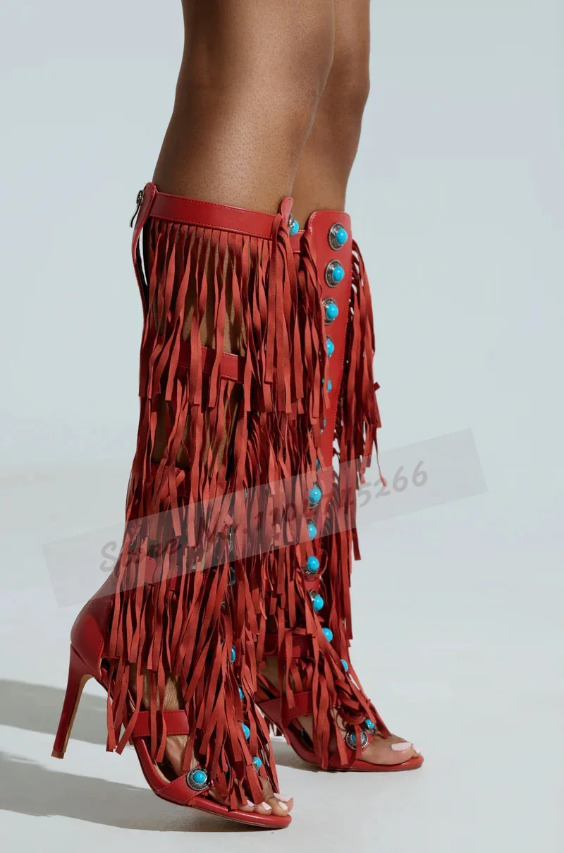 

Women Brown Suede Tassel Turquoise Gems Long Sandals Stiletto Heels Open Toe Fringe Metal Studded Knee Boots Lace-Up Shoes