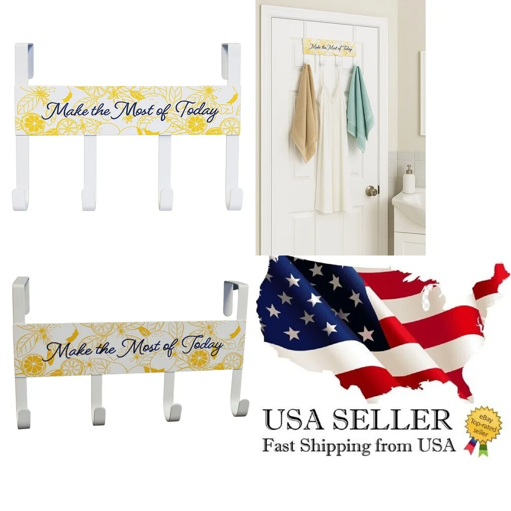 

Hook behind the doorMetal Door Hook Rack 4 Pack with Motivational Design Yellow and White Wall Mounted Organizer for Home