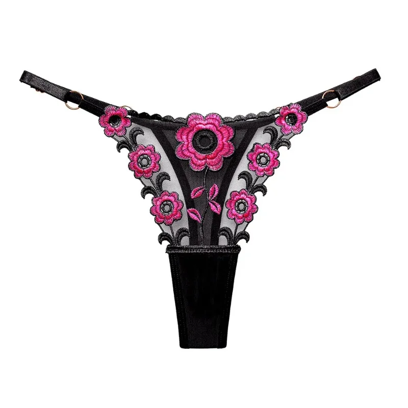 

Women Panties Charming Black Perspective Tulle Sexy Thong Femininity Embroidery Breathable Adjustable Belt Underwear Ladies