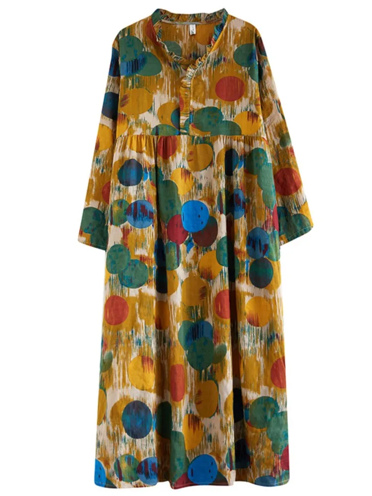 เดรสผ้าฝ้ายลายจุดแฟชั่นลำลองสำหรับผู้หญิง ไซส์ใหญ่ สไตล์ฤดูใบไม้ผลิ/ฤดูร้อน ทรงหลวม จับจีบ แขนยาว