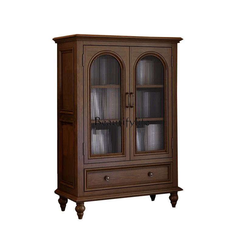 American retro solid wood arch wine cabinet white wax locker side cabinet integrated against the wall