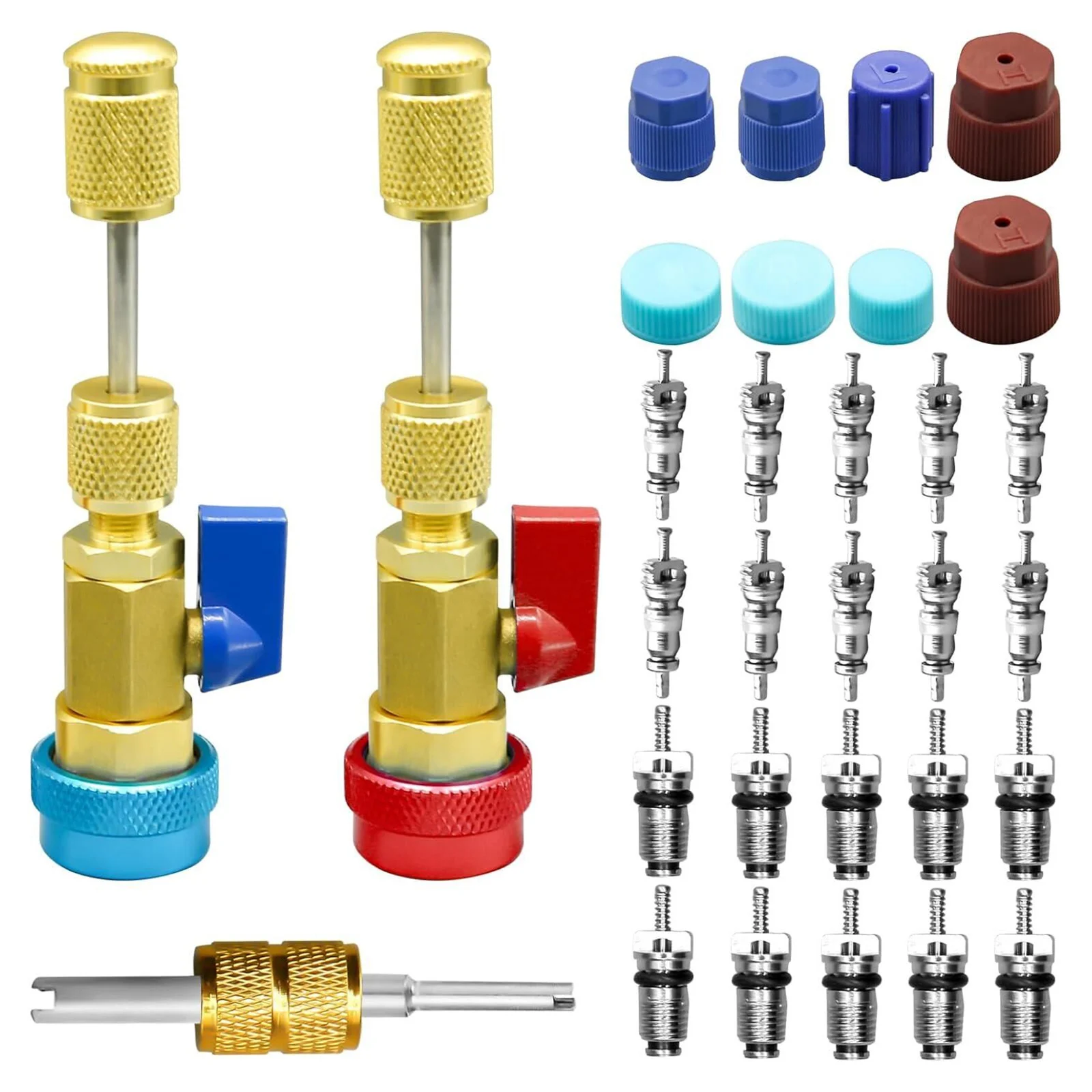 R134A Valve Core Quick Remover Installer Tool Set, High/Low-Pressure Valve Core Quick Removal Tool with R134A Valve Core Kit
