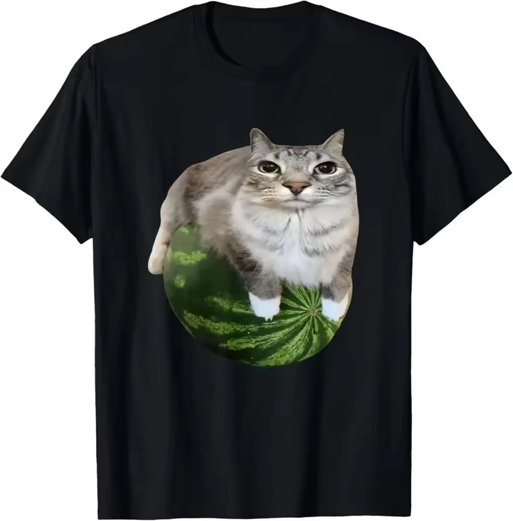 Watermelon Cat Silly Cat Meme Tee Shirt Homme New in Top Men Clothing short sleeve Round Neck Printing Pullover T-Shirt 50249