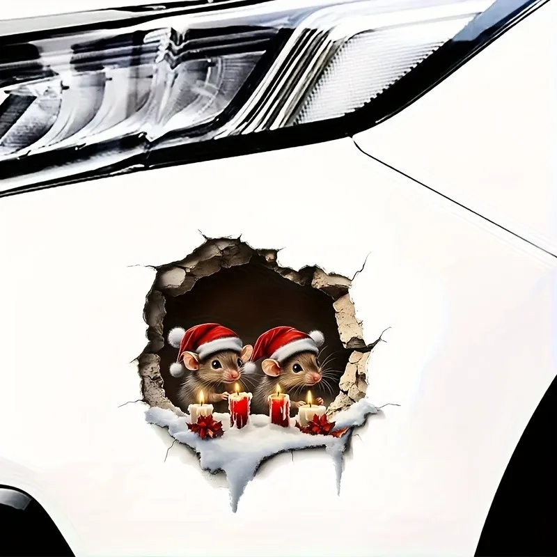 1Pc Christmas Mouse Break Wall Sticker, Holiday Candle Decal for Car Window Bumper Laptop Home