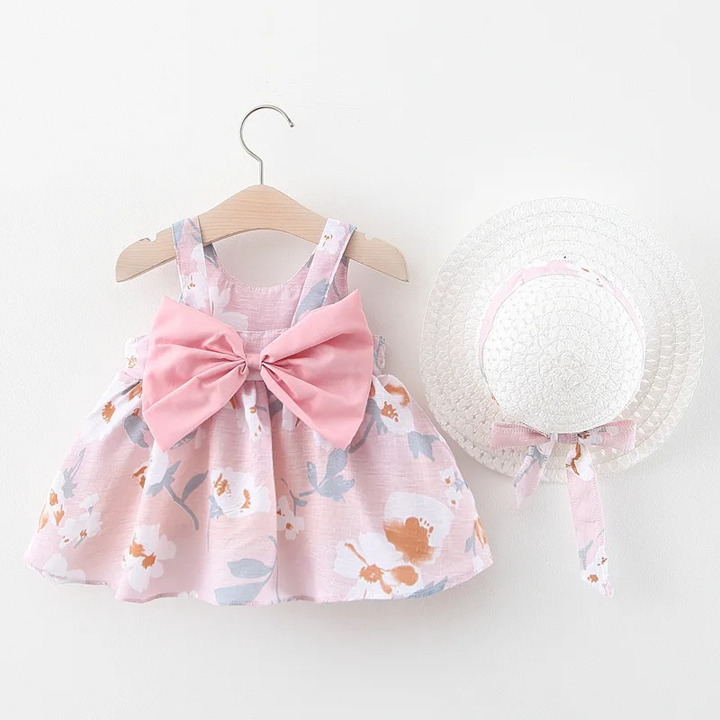 

Baby Girls Big Bow Flower Printed Dress Summer Dress+Hat 2Pcs Suits Toddler Kids Costume Princess A-line Sleeveless Vetidos