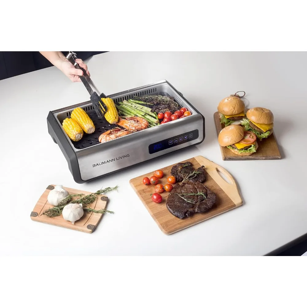 Indoor Smokeless Grill 1500W with Smart LED Touch Screen, Tempered Glass Lid, 2 Removable Ceramic Nonstick Grill