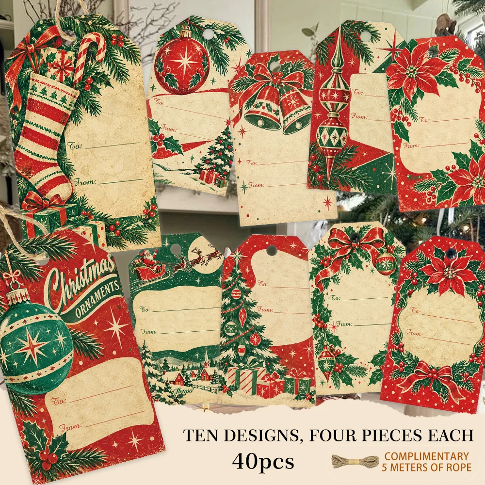 40pcs, Gift Tags, Vintage Red Green Blank Writing, Hanging Paper Labels for Gift Wrapping, Holiday Party Decor with String