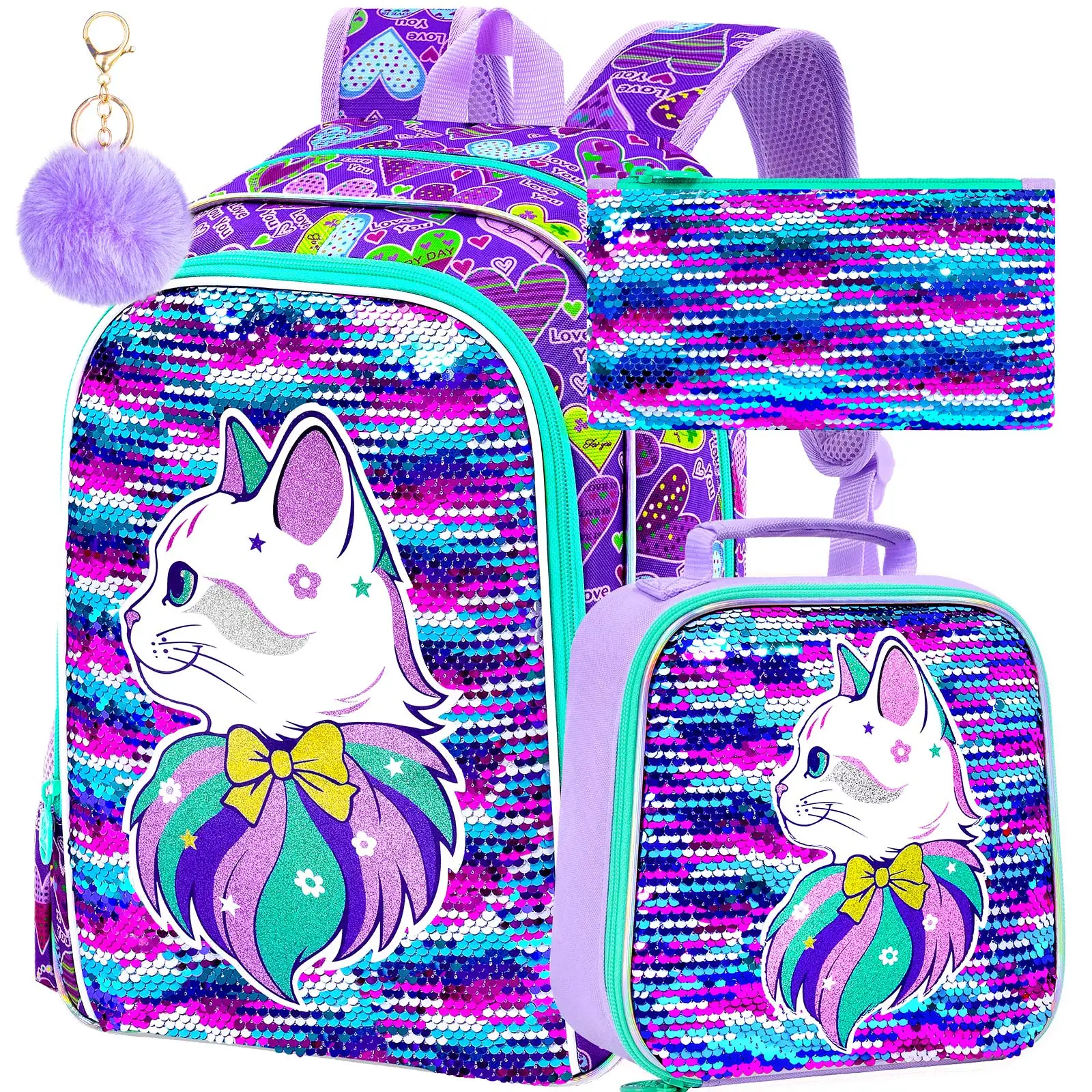 3pcs-cat-sequin-backpack-set-for-girls-purple-reversible-rainbow-sequins-lunch-box-pencil-case-kids-elementary-school-bag