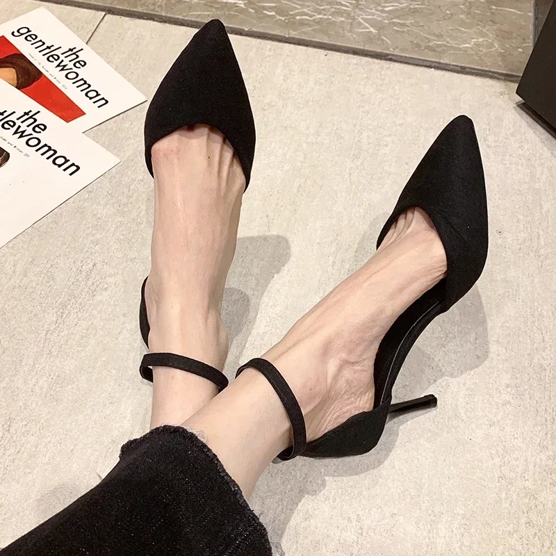 Spring and Autumn High Heel Women New FashionThin Heel Professional Pointed Black Buckle Strap Single Shoe Women Zapatos Mujer