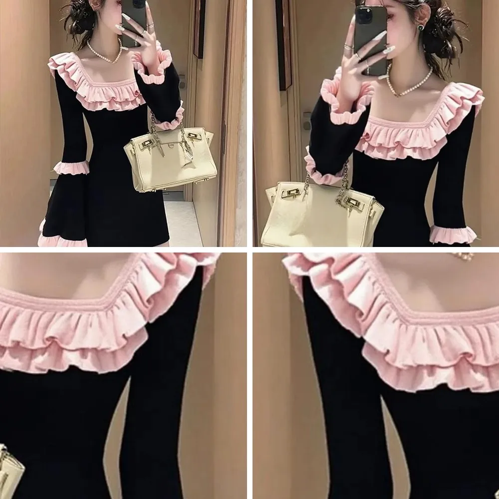 

Y2K Patchwork Bodycon Dress with Ruffles & Flare Sleeves, Square Collar Slim Waist Vestidos for Women