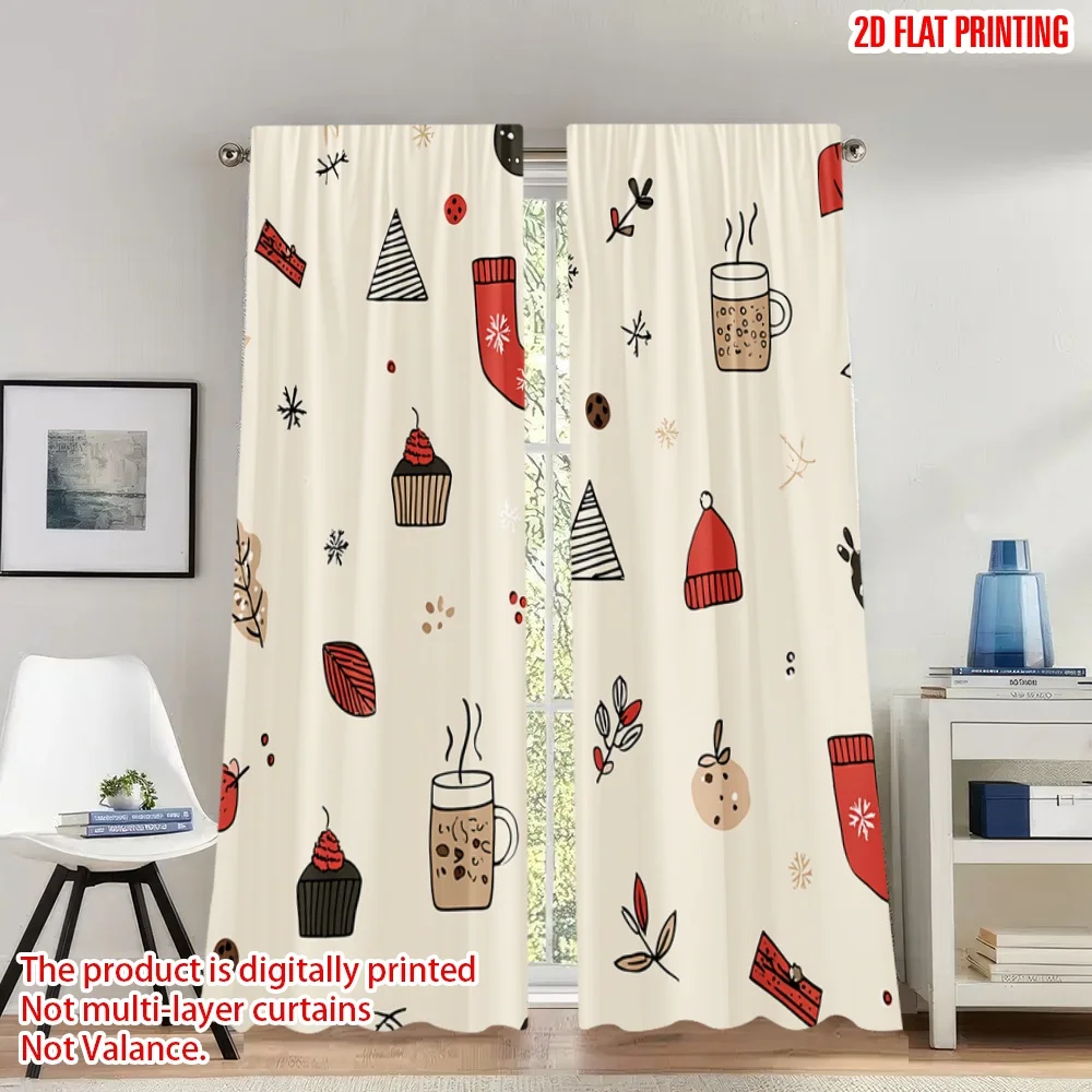 

2pcs 2D flat printing Popular Christmas curtains Christmas Holiday Stocking Tree Cupcake Digital Printed Polyester Drapes