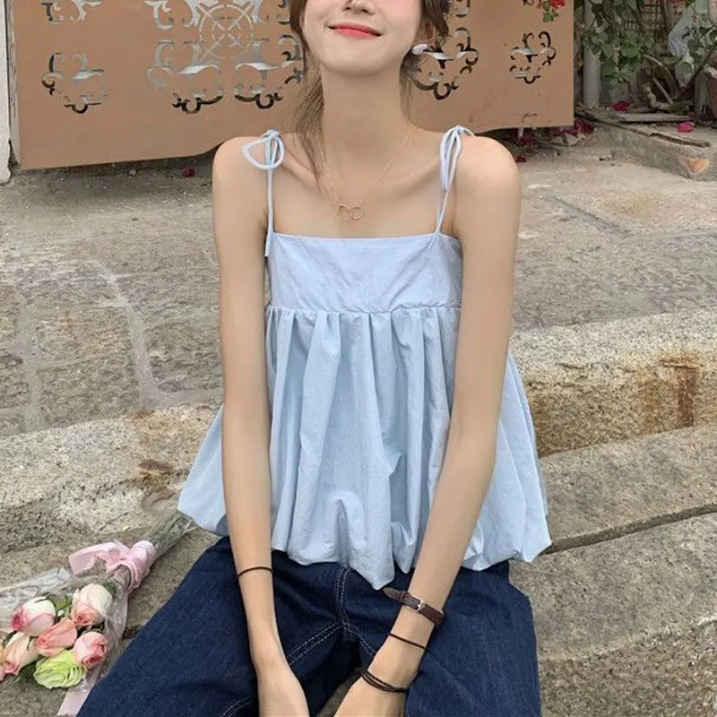 

Korean Solid Color Sleeveless Camis Women's Clothing Fashion Drawstring Tops Summer New Basic Spliced Loose Sweet Short Tanks
