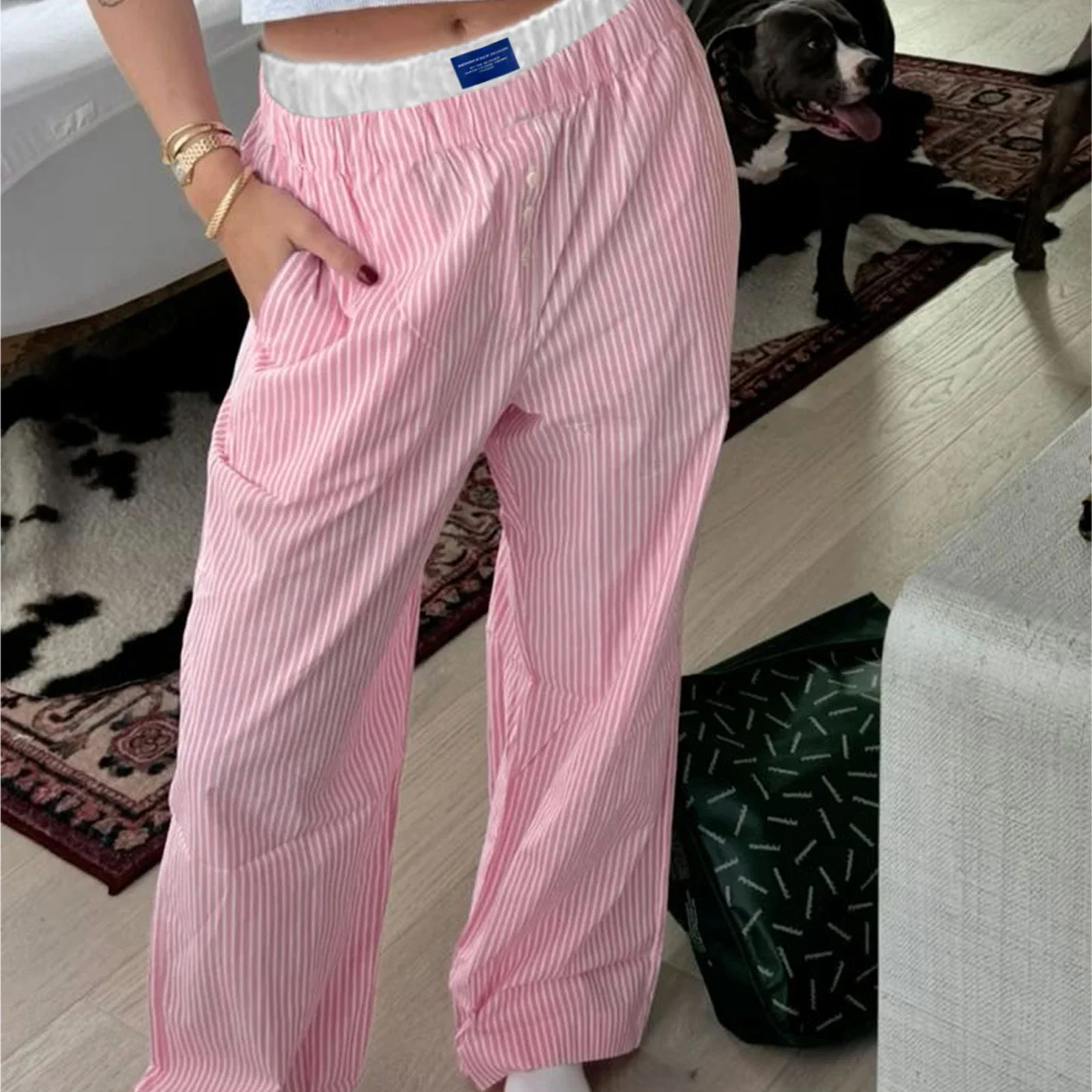 Combhasaki Women\'s Y2K Aesthetic Striped Long Trousers Letter Sign High Elastic Button Double Waist Wide Leg Pants with Pockets