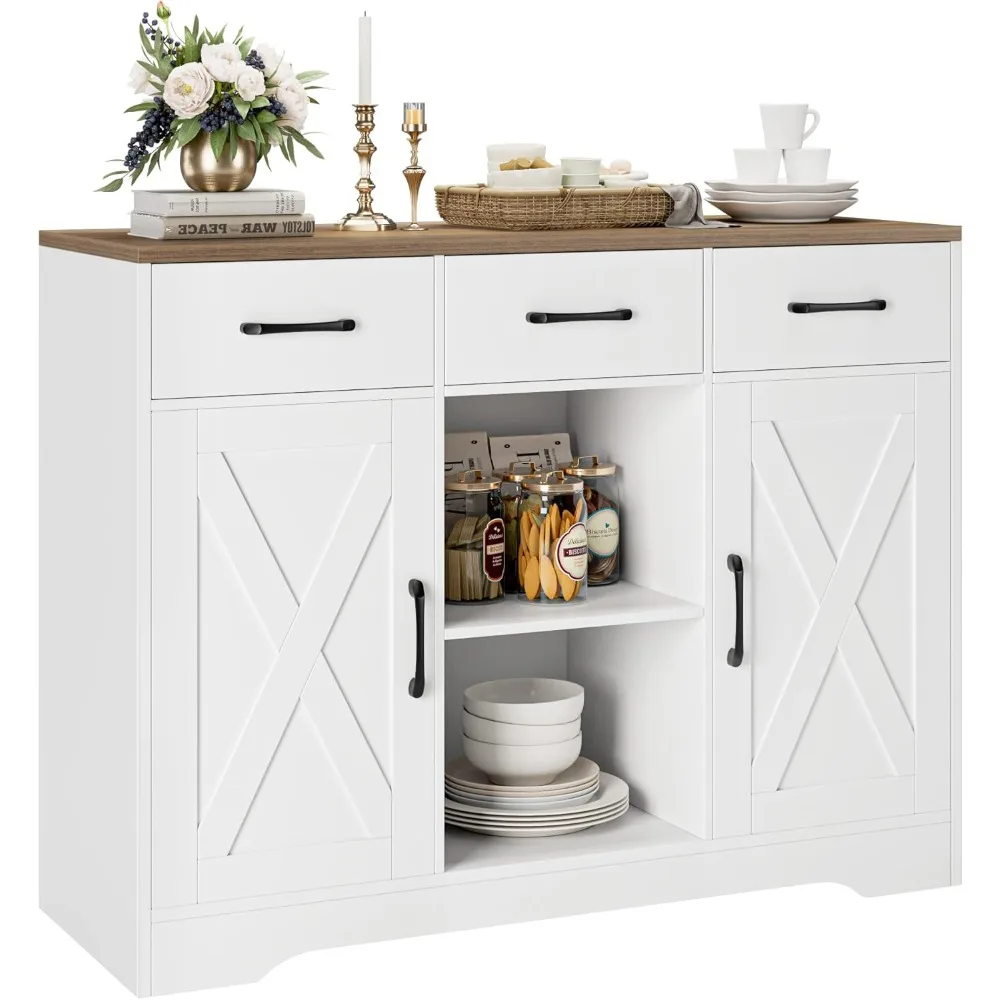 

Modern Farmhouse Buffet Cabinet with Storage, Barn Doors Sideboard Buffet Storage Cabinet with Drawers and Shelves, Wood