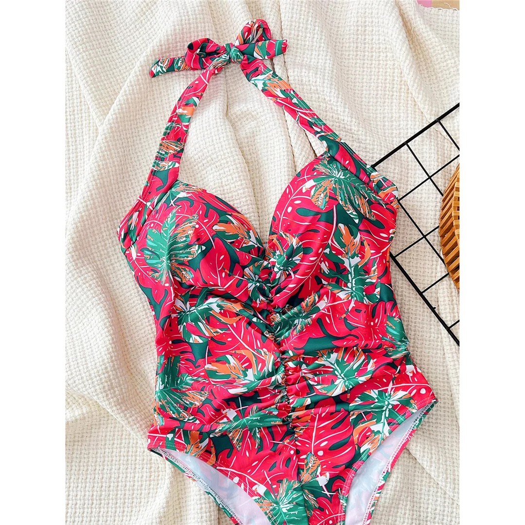 Bedruckter Neckholder-Badeanzug mit V-Ausschnitt und integriertem BH, einteiliger Badeanzug für Damen, Monokini mit hohem Beinausschnitt, Badebekleidung, Badeanzug, Modell V5739. – Detail 10