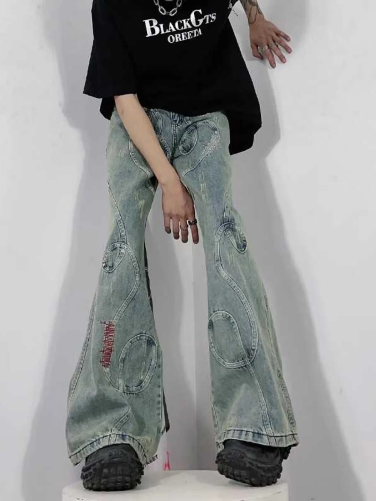 الرجعية الأمريكية تصميم المطرزة المرقعة نجا مايكرو متوهج الدينيم الجينز الرجال النساء واسعة الساق طول الأرض العلامة التجارية العصرية