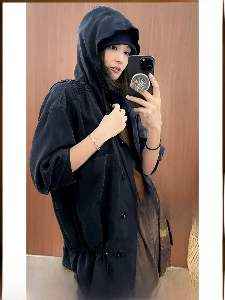 

Breathable Copper Ammonia Silk Hooded Jacket Matte Finish Button up Women's Loose Fit Short Outerwear Long Sleeve Color