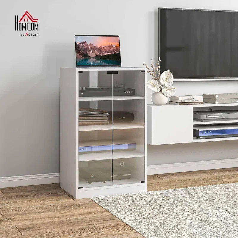 Media Cabinet 4-Tier Stereo Cabinet with Glass Door Distressed White