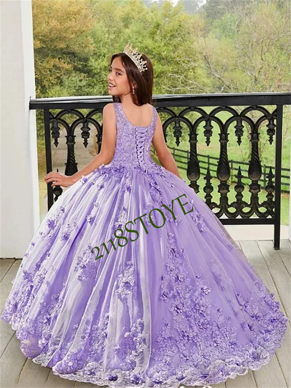 

Cute Purple Tulle Appliques Flower Princess Ball Gown Girl Dress First Communion Prom Costumes Dresses Flower