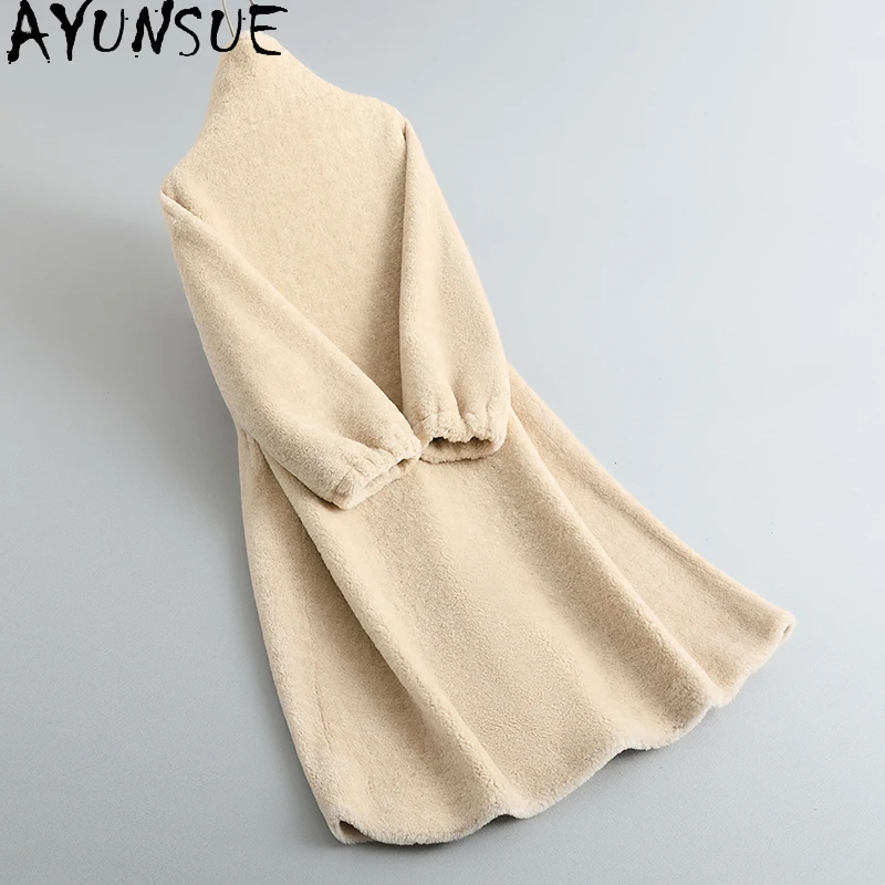 معطف من الصوف الطبيعي 100% من AYUNSUE للنساء ملابس بياقة واقفة معطف فرو مخملي حبيبي متوسط الطول ملابس نسائية كوفتا С ميخيم
