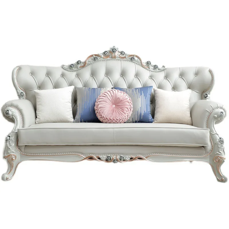 French high-end Tiffany blue leather sofa, European classical luxury villa sofa