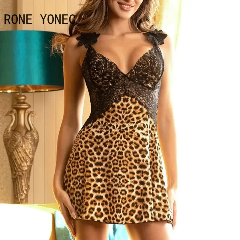 Women Sexy Leopard Pattern Spaghetti Strap Lace Patchwork Sleeping Backless Mini Sexy Dresses