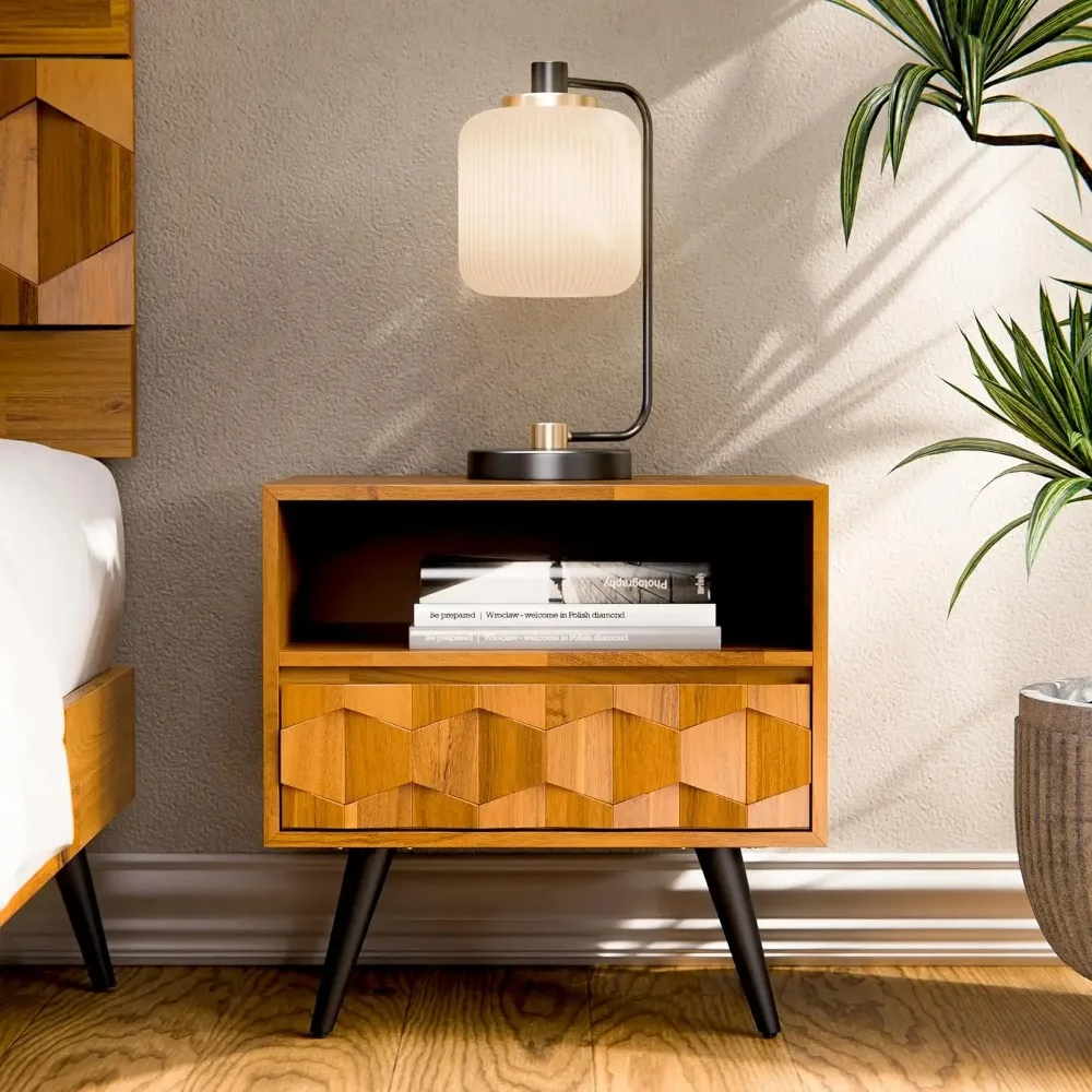 

Georgina Solid Wood Nightstand With 1 Drawer & Open Shelf- Fully Assembled Mid Century Modern Side Table - Geometric Pattern