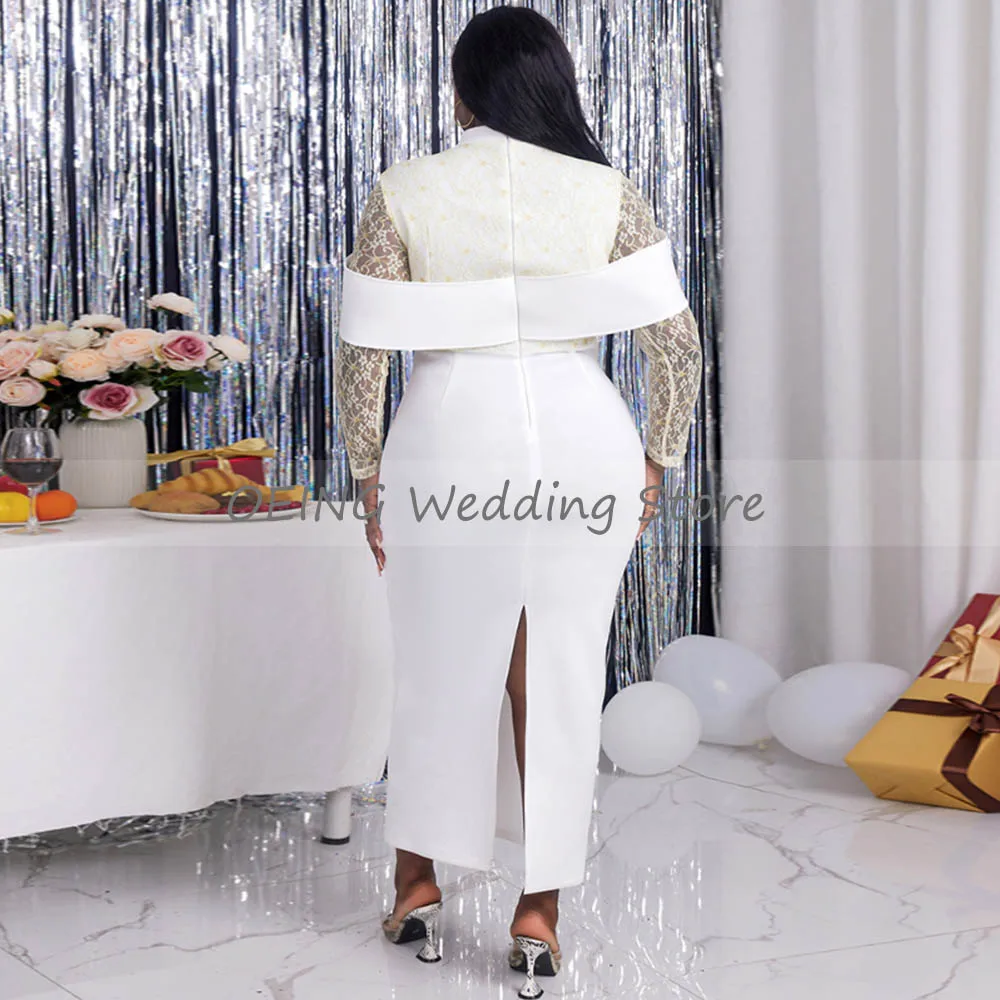 Civil Wedding Dress for Women 2023 Bride High Collar Midi Wedding Gown Lace Long Sleeves Off Shoulder Elagent Robe de Mariée