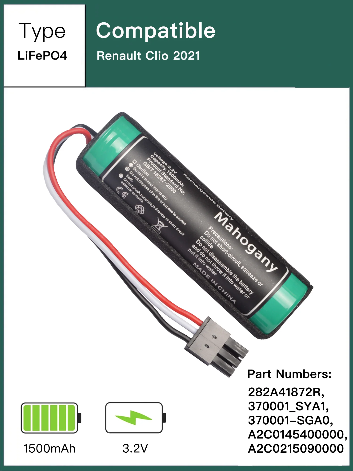 3.2V 1500mAh Battery For Renault Clio 2021 282A41872R, 370001_SYA1, 370001-SGA0, A2C0145400000, A2C0215090000