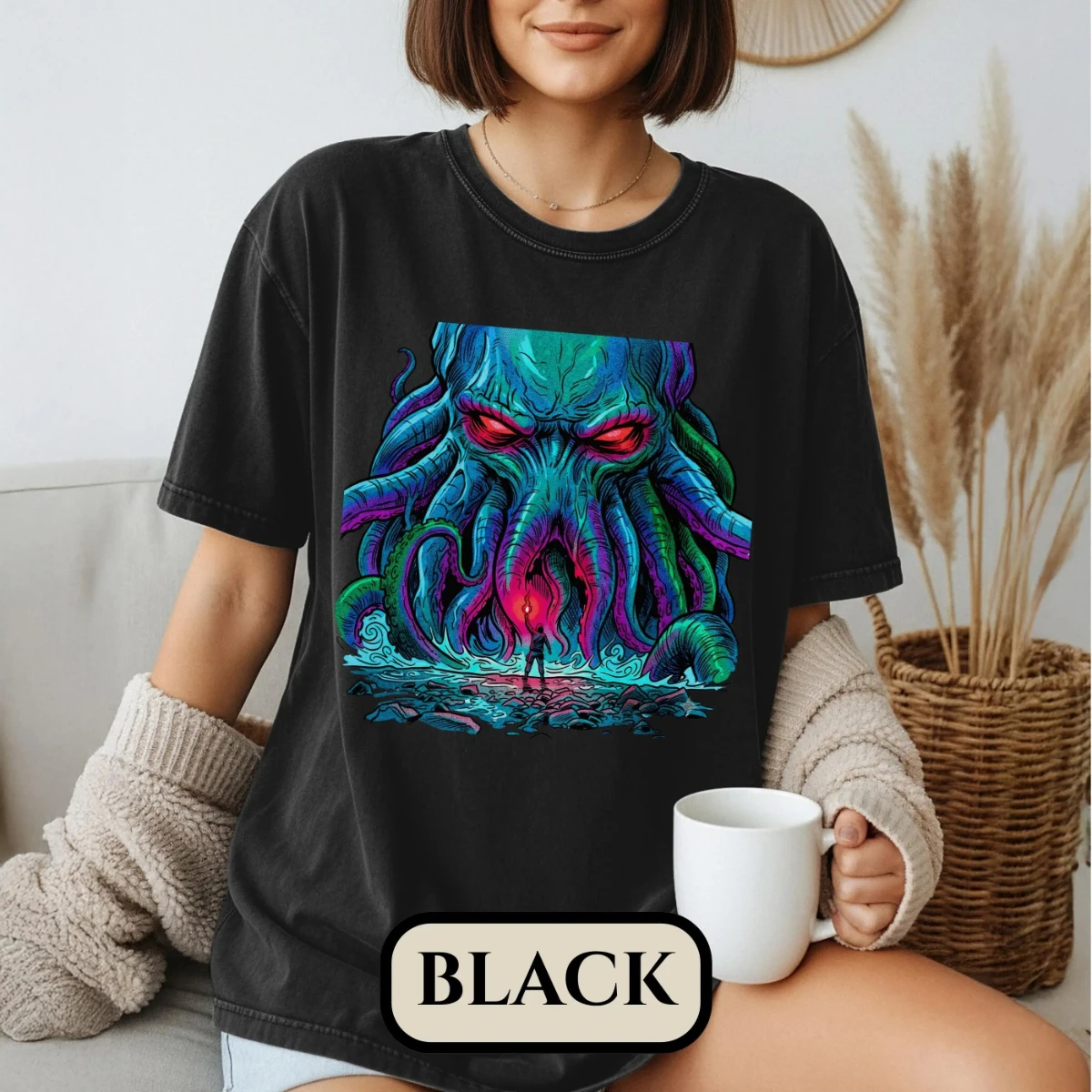 Space Horror Monster Shirt Retro  Gift Tentacle Creature Pattern Dark Fantasy Print T-shirt for Women Daily Casual Street Wear