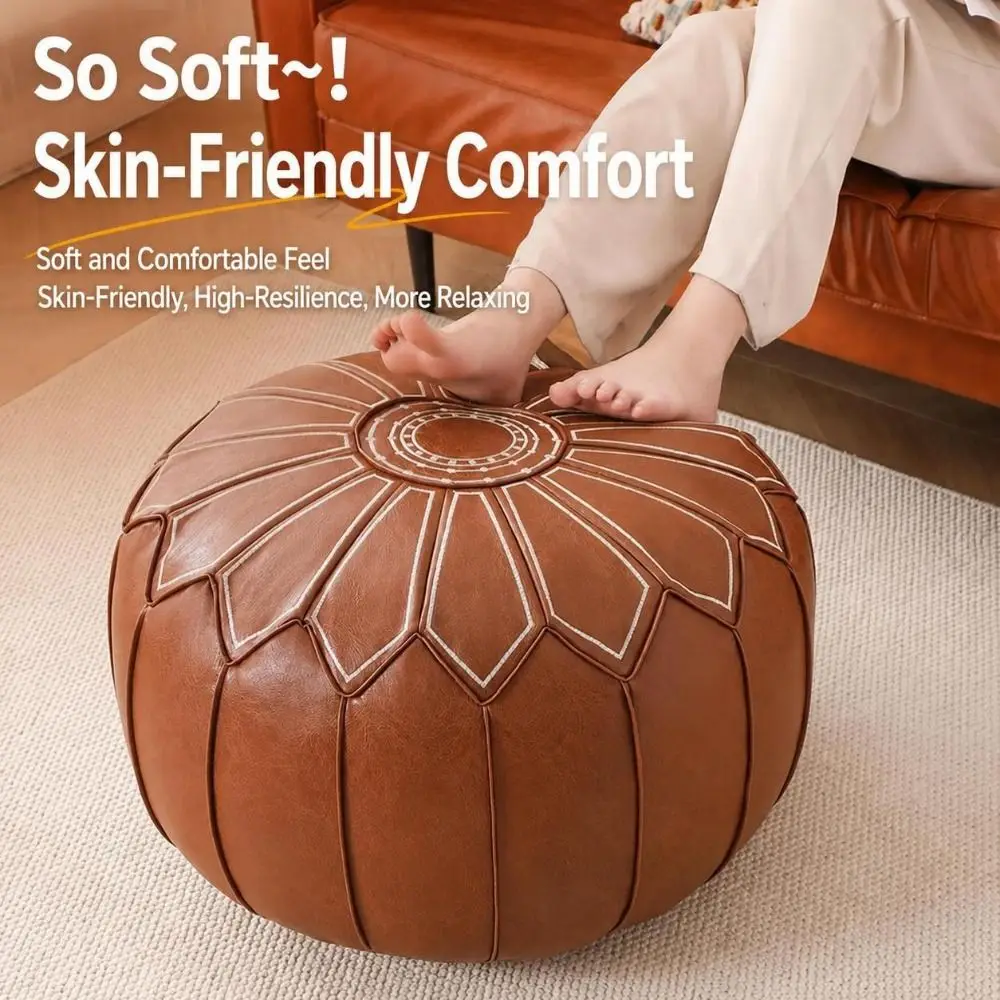 PU Leather Fillable Ottoman Pouf Round Shape Embroidered Pattern Round Pouf Cover Moroccan Style Floor Seat Cushion Living Room