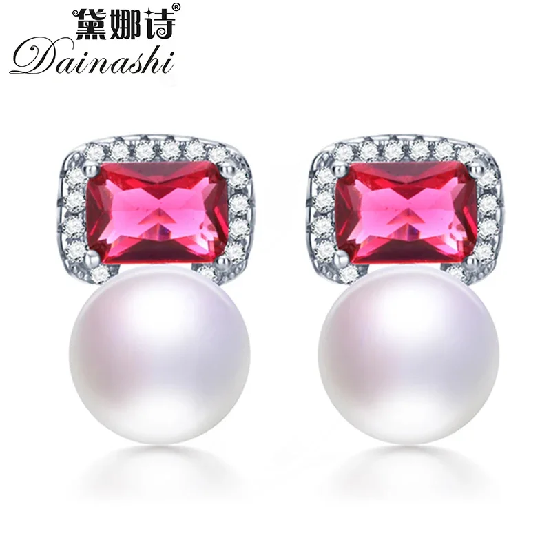 

Dainashi High Quality 925 Sterling Silver Red Zircon Earrings 100% Genuine Natural Freshwater Pearl Stud Earrings for Women