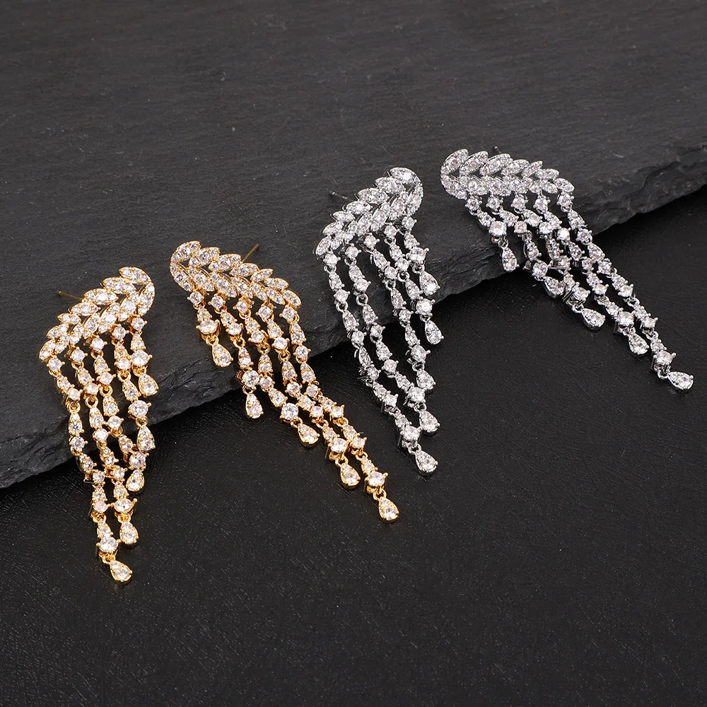 

Wheat ear leaves water drops zirconia long tassels water drop earrings wings flash ear accessory