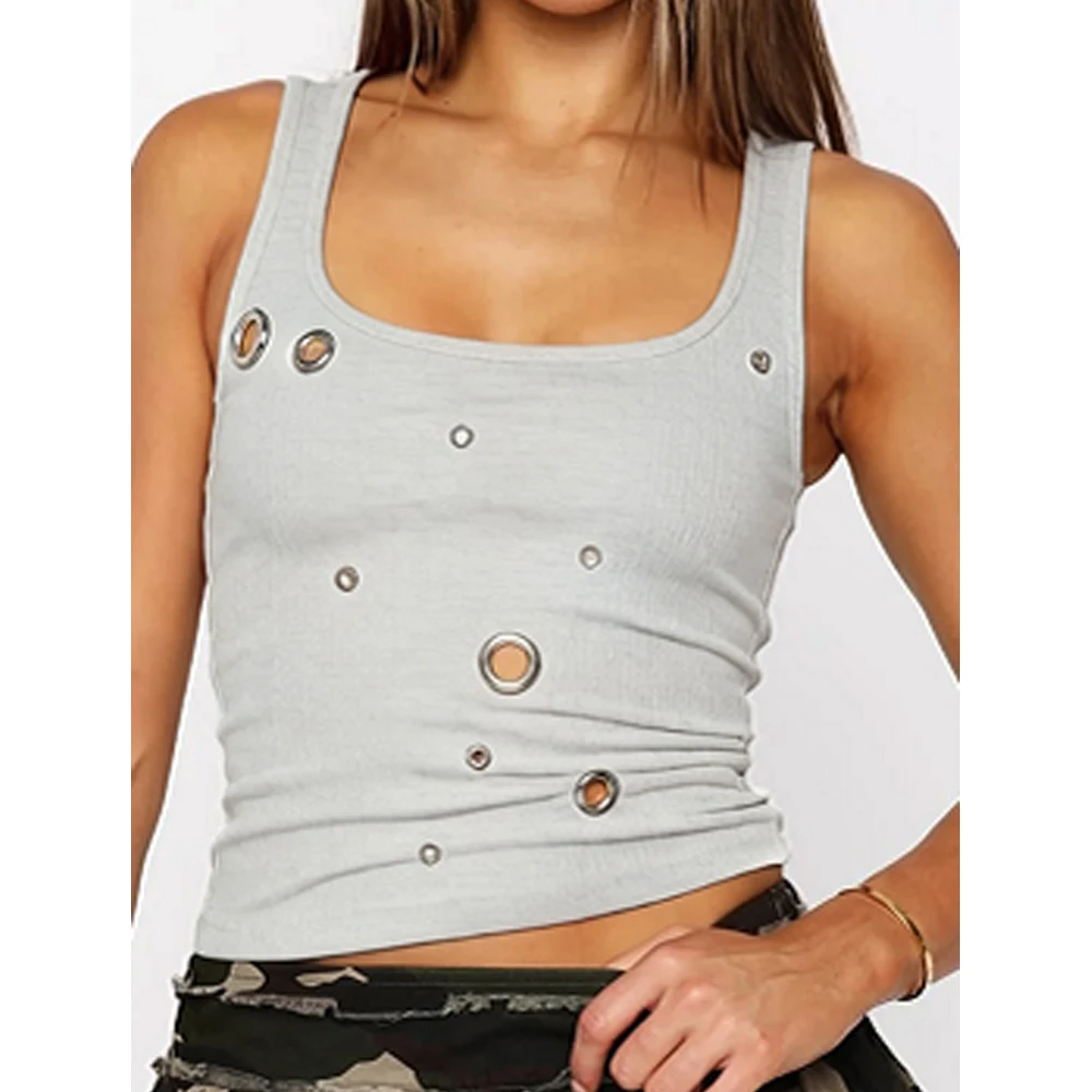 Women's Eyelet Slim Tank Tops Geometric Neck Sleeveless Solid Color Ribbed Knit Vest with Metal Grommets Summer Going Out Tops