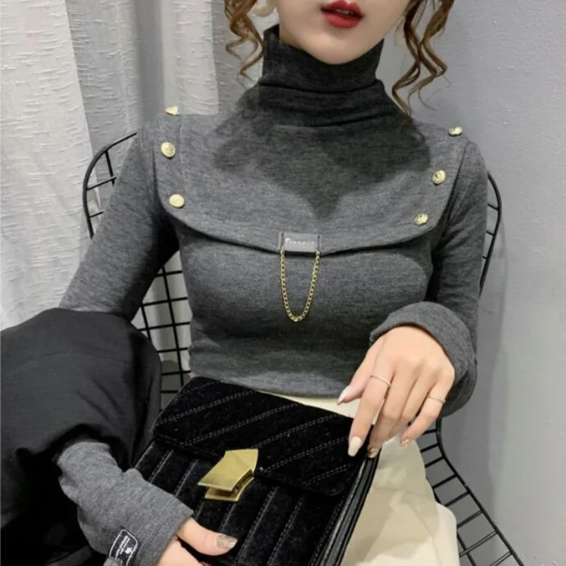 Long Sleeve T Shirt for Women Turtleneck Grey Tops Woman Autumn Winter Slim Clearance Pulovers Harajuku Fashion Polyester Kpop