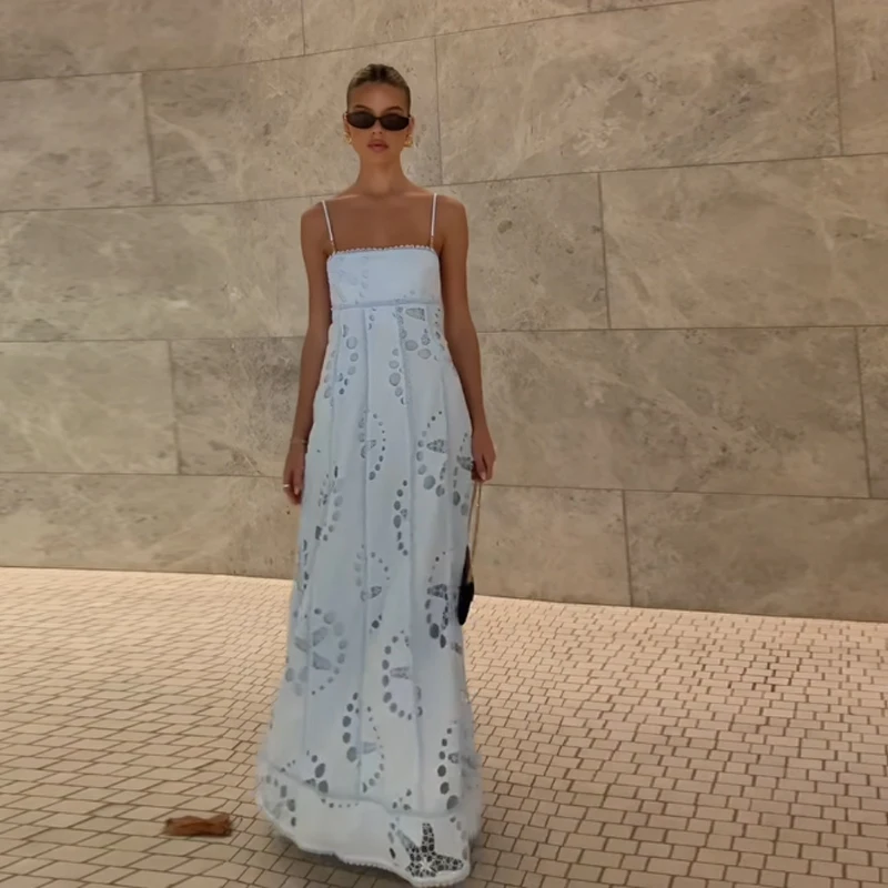 

Summer Vacation Women Maxi Dress Backless Lace Up Hollow Out Halter Robes A Line Casual Vestidos 2025 New Lady Party Dresses