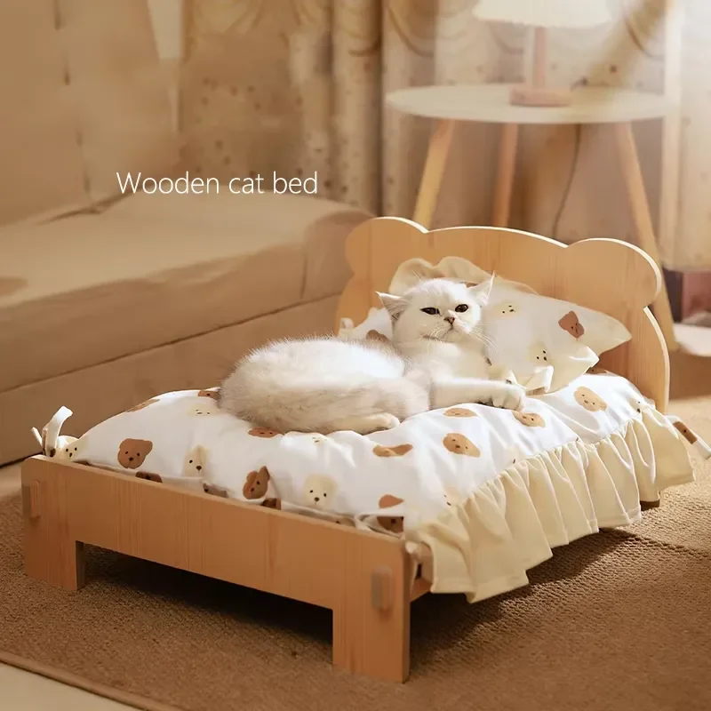 Cat Bed Wooden Cat And Dog Bed With Teddy Bear Pattern Indoor Pet Furniture Floor To Ceiling Bed(20*11inch)Comfortable
