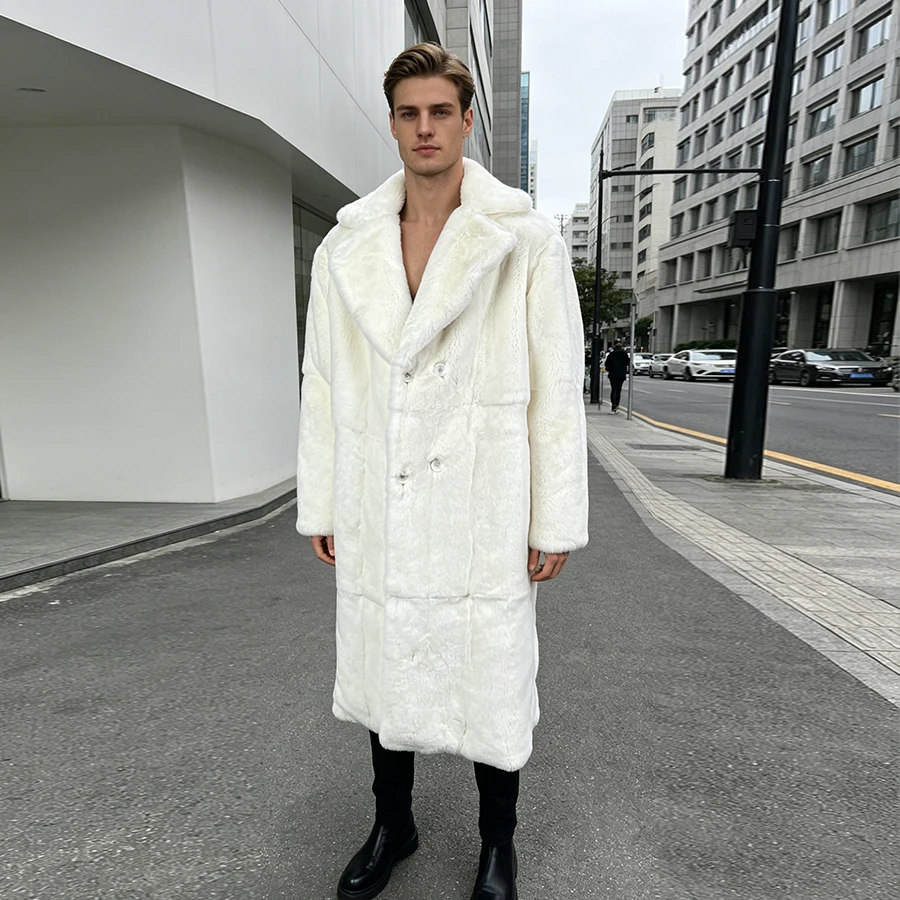 White Real Rex Rabbit Fur Jacket With Suit Collar Furry Jacket Men's Winter Jacket Luxury Long Natural Fur Jacket