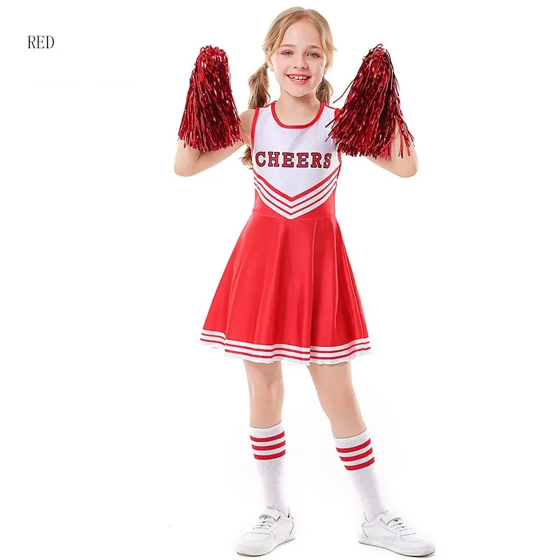 With Sock Pompom Kids Cheerleader Costume For Yung Girls School Child Cheer Uniform Outfit Sleeveless Dance Dress Carnival Hallo