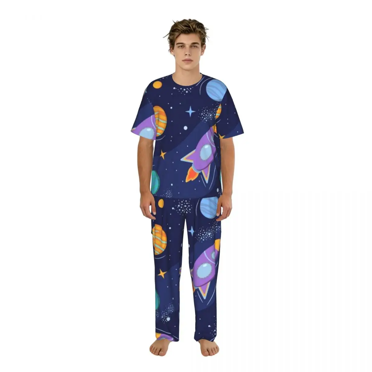 Sleepwear Summer Spring Home Clothes Colorful Galaxy Space With Rockets Planets Stars Short Sleeve Long Pant Nightwear