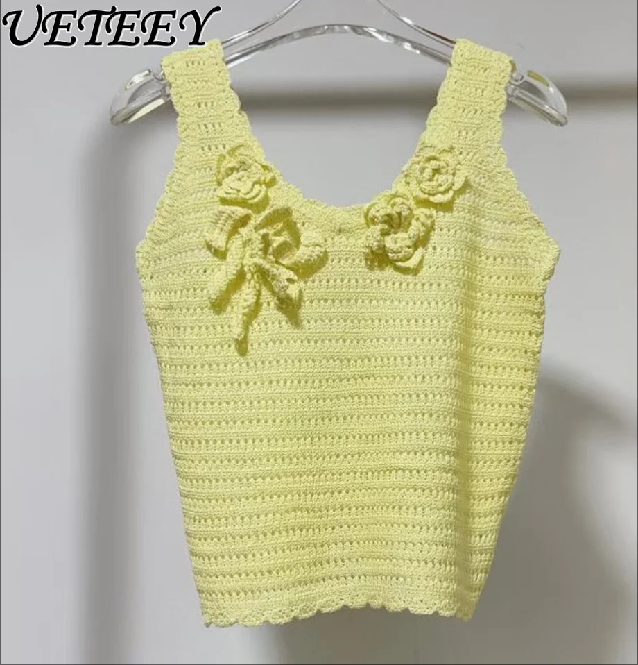 2025 sommer Neue Sanfte Wind Dreidimensionale Blume Dekoration Tank Tops Kurze Abnehmen Gestrickte Sling Weste für Frauen
