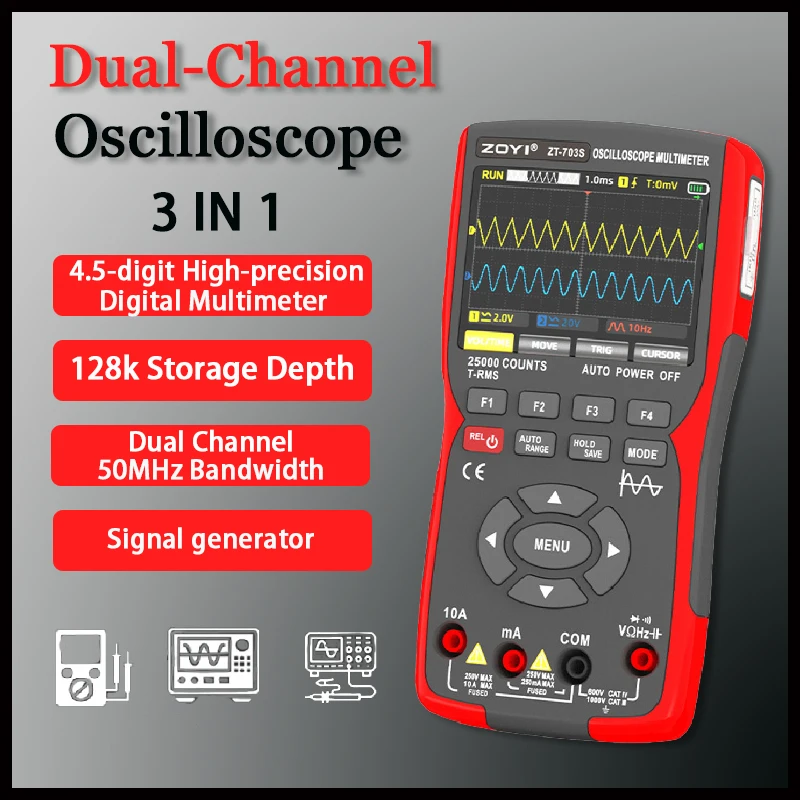 ZT703S 3in1 Dual-Channel Oscilloscope 50MHz Bandwidth High Precision Oscilloscope Multifunction Multimeter Signal Generator